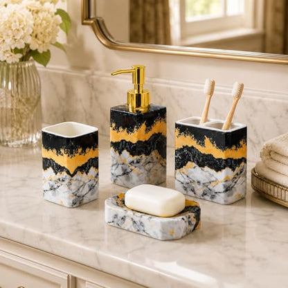 4 Piece Bathroom Accessories Set - Black and White Includes Lotion Dispenser, Toothbrush Holder Tumbler, and Soap Dish - Glossy Finish (Marble, Black, and White) - color: Black, and White