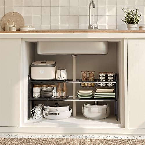 Under Sink Organizers and Storage,Expandable under cabinet organizer Shelf | 2 tier expandable shelf for kitchen,bathroom,6 Removable ABS Panels and 2 Baskets,Adjustable partition height,20.7-32.3" W - size: 6 Panels and 2 Baskets