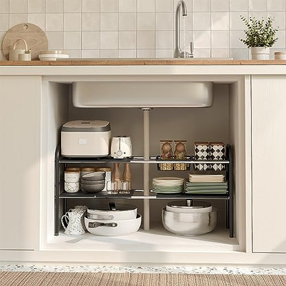 Under Sink Organizers and Storage,Expandable under cabinet organizer Shelf | 2 tier expandable shelf for kitchen,bathroom,6 Removable ABS Panels and 2 Baskets,Adjustable partition height,20.7-32.3" W - size: 6 Panels and 2 Baskets