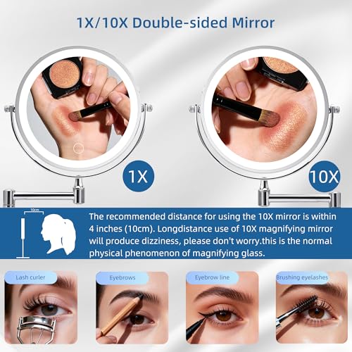 Wall Mounted Lighted Makeup Mirror, 8" Rechargeable Double Sided 1X/10X Magnifying Mirror with Light, 3 Color Lights, Touch Dimmable, Extendable Arm 360° Rotation, Chrome, Bathroom Vanity Mirror