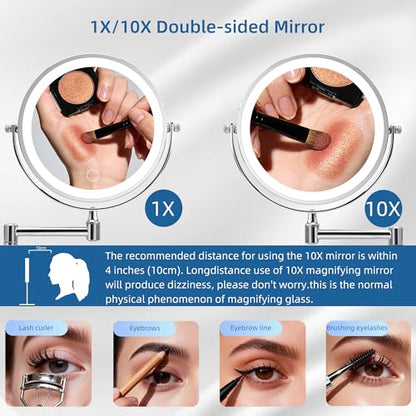 Wall Mounted Lighted Makeup Mirror, 8" Rechargeable Double Sided 1X/10X Magnifying Mirror with Light, 3 Color Lights, Touch Dimmable, Extendable Arm 360° Rotation, Chrome, Bathroom Vanity Mirror
