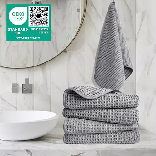POLYTE 430 GSM Poly Blend Microfiber Quick Dry Waffle Hand Towel, 16x30 in | 4 Pack, Oversize, Lint Free, Quick Dry, Hanging Loop - color: Gray