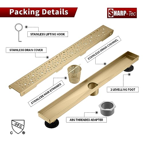 Sharp-tec 48 inch Linear Shower Drain, Golden Linear Drain with cUPC Certification, 304 Stainless Steel Shower Drain Easy to Install and Clean for Bathroom Shower Room, ST-099-48G - color: Gold, size: 48 inch