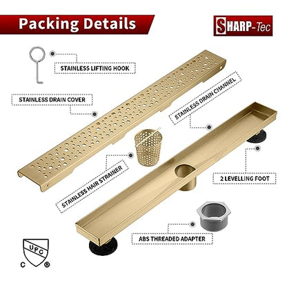 Sharp-tec 48 inch Linear Shower Drain, Golden Linear Drain with cUPC Certification, 304 Stainless Steel Shower Drain Easy to Install and Clean for Bathroom Shower Room, ST-099-48G - color: Gold, size: 48 inch