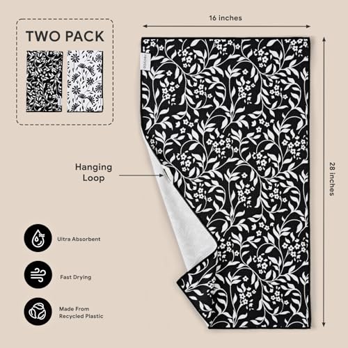 RECYCO Waffle Kitchen Towel Set of 2 - Quick Dry Microfiber Sustainable Dish Towels - Ultra Absorbent Reusable Cleaning Tea Towels - Lightweight Hand Towels,16”x 28”, Black & White Florals - color: Black & White Florals