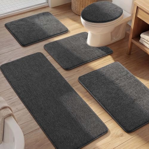 Bathroom Rug Set 5 Piece, Memory Foam Dark Grey Bath Mat Non-Slip Quick Dry Absorbent Bath Mats for Bathrooom, Washable Bathroom Rug and U-Shaped Contour Toilet Rug Bath Rug Set - color: Dark Grey, size: 5pieces