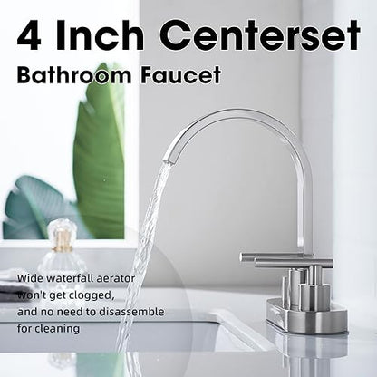 TRUSTMI Bathroom Faucet 3 Hole 4 Inch Centerset Sink Faucet with Overflow Pop Up Drain Assembly, 360 Degree Swivel Spout, Non-Rust Stainless Steel, Brushed Nickel - color: Brushed Nickel