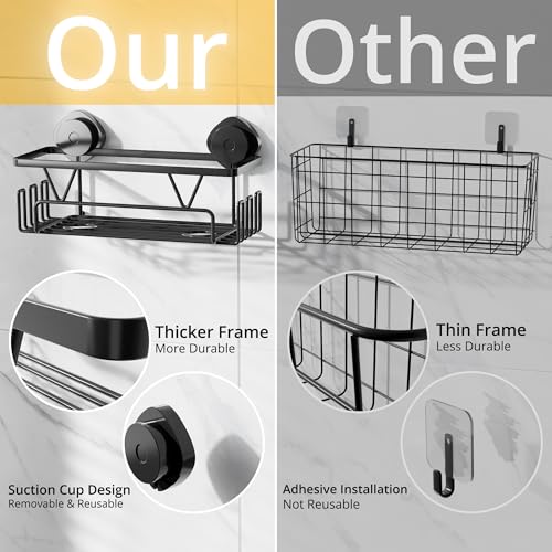 KEGII Suction Cup Shower Caddy with Hooks, No Drill Bathroom Organizer | Large Capacity Stainless Steel Shelf, Heavy Duty Hold for Shampoo and Body Wash on Smooth Surfaces, Black - color: Black