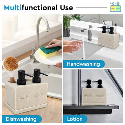 Hand and Dish Soap Dispenser Set for Kitchen Sink,Dual Soap Dispenser with Sponge Caddy and Brush Holder 4-in-1 Countertop Organizer for Kitchen Bathroom,Useful Kitchen Gadgets-Beige - color: 4 in 1 - Beige