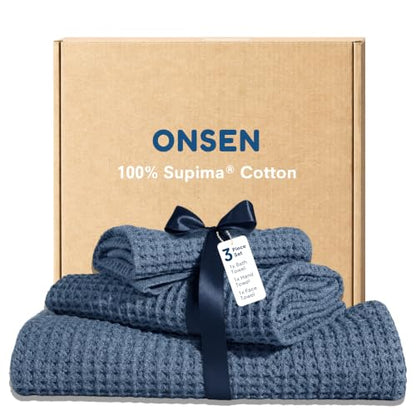 ONSEN Supima® Waffle Bath Towel Set, Quick Dry Lint Free 100% USA Cotton, Bath Hand and Face Towel Bundle, 3 Piece (Denim Blue, Bath Towel Set) - color: Denim Blue, size: Bath Towel Set