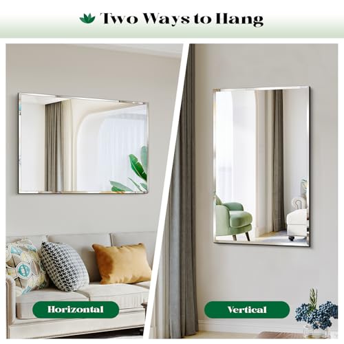 Frameless Bathroom Mirror, 30"x36" Beveled Wall Mirror | Frameless Mirror over sink, Living Room, Bedroom, Vanity, Entryway, Fireplace, Hangs Horizontally or Vertically - size: 36"L x 30"W