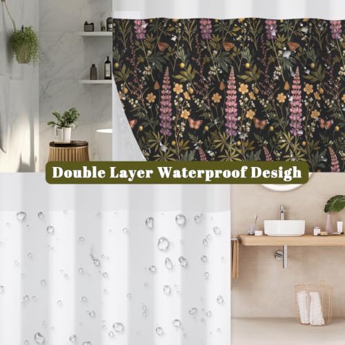 Dark Botanical No Hook Shower Curtain with Snap in Liner & Tassels | Double Layer Waterproof Bath Curtain with Mesh Top, Green Plant & Lavender Floral Design for Boho Farmhouse Bathroom, 71Wx77L - color: Wild Plant