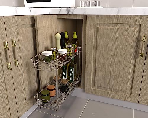 OCG Slide Out Cabinet Organizer for Narrow Cabinet (9" W X 21" D), 2 Tier Pull Out Shelves Slim Sliding Cabinet Organizer and Storage, Chrome - size: 9W21D