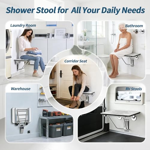 18" Foldable Wall Mounted Fold Down Shower Seat, ADA Compliant Folding Shower Bench with Phenolic Resin Surface No Peeling No Cracking, Triangular Stainless Steel Frame, 420lbs Capacit