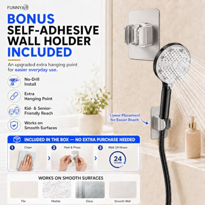 High Pressure Shower Head, Stick-on Low Mount Wall Bracket, Black | 5 Spray Modes, Water-Saving, 360° Adjustable Bracket, For Low Water Pressure Home, RV, Bathroom, Fix Firmly Kid-Friendly - color: Black