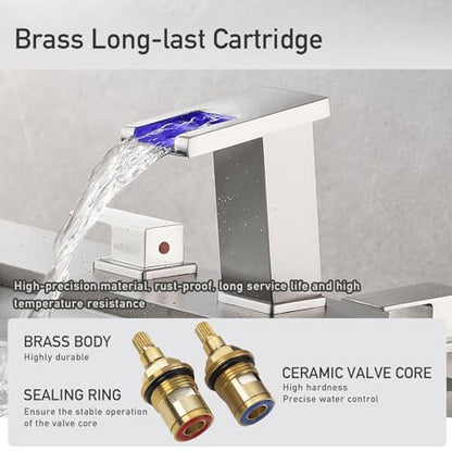 LED Bathroom Faucet 3 Hole, Brushed Nickel Waterfall Bathroom Faucets, 8 Inch Widespread Modern Bathroom Sink Faucet & Parts, Wide Spread Touch On Three Hole 2 Handle Bathroom Vanity Faucet - color: Brushed Nickel