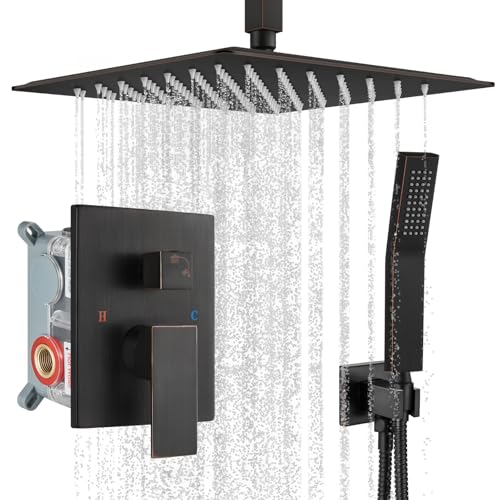 gotonovo Ceiling Shower System with Handheld Oil Rubbed Bronze,12 inch Head | Ceiling Mount Bathroom Shower Faucet Set,SUS304 Rainfall Head and Handle Set Combo,Brass Valve Trim Kit,All Metal - color: Bronze, size: 12 inch Head