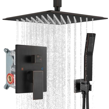 gotonovo Ceiling Shower System with Handheld Oil Rubbed Bronze,12 inch Head | Ceiling Mount Bathroom Shower Faucet Set,SUS304 Rainfall Head and Handle Set Combo,Brass Valve Trim Kit,All Metal - color: Bronze, size: 12 inch Head