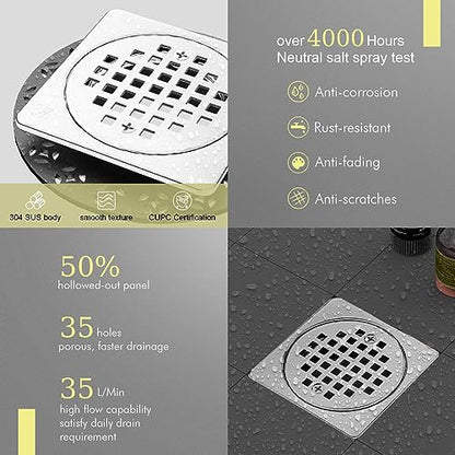 4 Inch Shower Floor Drain with Flange, Square Shower Drain Kit | SS304 Stainless Steel and ABS Material, Height Adjustment Collar and Ring - Chrome - color: Chrome