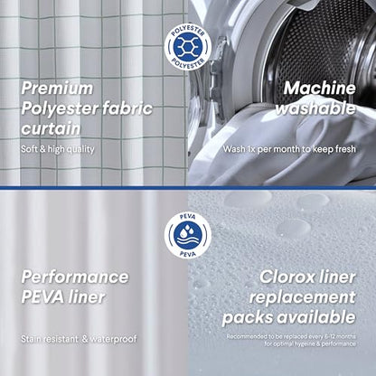 Clorox Bathroom Waffle Windowpane Pattern Shower Curtain with Waterproof Lightweight PEVA Liner Set, Standard Size, Metal Grommets, No Hooks 72" x 72" - 2 Pc Set - Sage Green w Frosty PEVA - color: Sage Green Waffle Windowpane - Standard