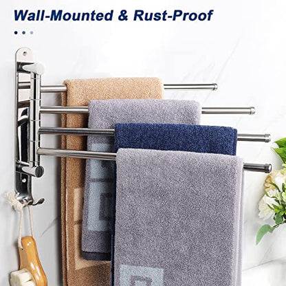 NearMoon Swivel Towel Rack, 13.8" Thicken 304 Stainless Steel 4-Arm Towel Bar, Space Saving Wall Mounted Towel Holder with Hook, Rustproof Swing Out Towel Hanger for Bathroom, Kitchen (Chrome Finish) - color: Chrome Finish, size: 13.8 Inch