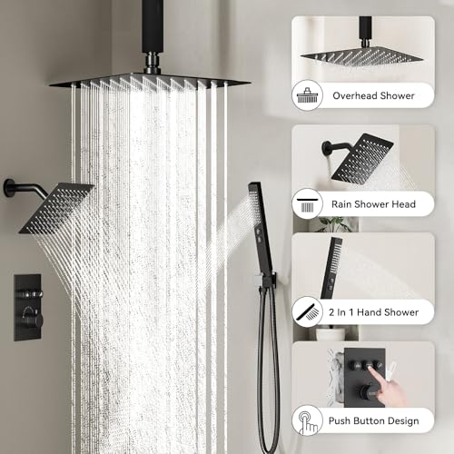 Thermostatic Shower System Matte Black Push Button Shower Faucet Set,12" Ceiling Rainfall and 6" Wall Mount Rain Shower with 2 in 1 Handhled, Can Use All at Once, Shower Set with Valve and Trim Kit - color: Matte Black, size: 6+12 inch-11