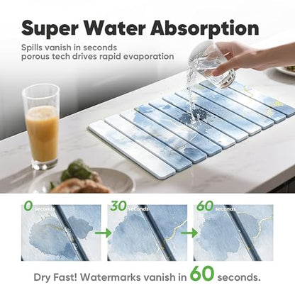 Stone Drying Mat for Kitchen Counter, Quick Diatomaceous Earth Mats for Dishes, 24"L x 16" W Super Absorbent Fast-Drying Collapsible Countertop Stone Mat (Marble White Blue, 24" x 16") - color: Marble White Blue
