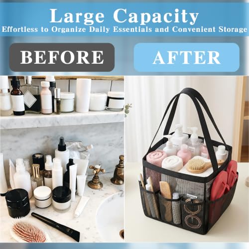 Mesh Shower Caddy, Portable Black Beach Tote Bag for Bathroom Dorm Essentials, Quick Dry Toiletry Organizer Large with 2 Handles 9 Pockets for Swim Pool Gym College Camp Travel Women Men Basket Bag