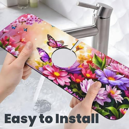 Pink butterfly flower Kitchen sink faucet pad, strong water absorption, anti slip, easy to clean, very suitable for splash and drip prevention, suitable for kitchens and bathrooms - color: Pink butterfly flower