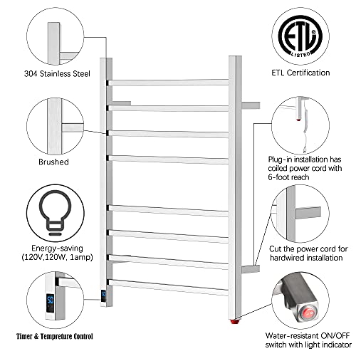 HEATGENE 8-Bar Square Towel Warmer, Heated Towel Rack, Timer, Brushed | 8 Square Bars With Timer And Temperature Control, 304 Stainless Steel Construction, Plug-In Or Hardwired Installation - color: Brushed