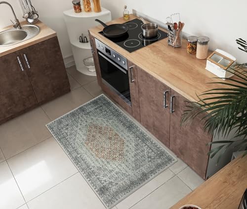 Keen Home Design Vintage Washable Entryway Rug, Non-Slip Low Pile, 2x3 | Machine washable cotton chenille, 0.25in low pile, rubber non-slip back; kitchen, entryway, bathroom, bedside - color: Grey / Brown, size: 2' x 3' (Rectangular)