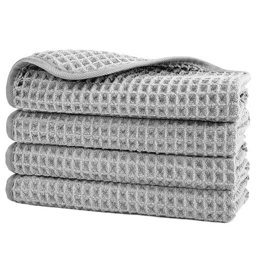 POLYTE 430 GSM Microfiber Lint Free Washcloth Face Towel, 13 x 13 in, 4 Pack (Waffle Weave) - color: Light Gray