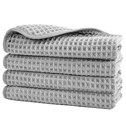 POLYTE 430 GSM Microfiber Lint Free Washcloth Face Towel, 13 x 13 in, 4 Pack (Waffle Weave) - color: Light Gray