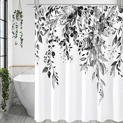 Black Eucalyptus Shower Curtain, Watercolor Floral Print, 72x78 | Watercolor Plant Leaves Floral Print, Long Waterproof Fabric Bathroom Decor, Machine Washable, Rustproof Grommets - color: Black, size: 72"W x 78"L (Pack of 1)