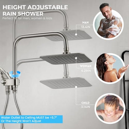 Dual Shower Head Combo, 8'' High Pressure Rain Shower Head with Handheld Spray, 6+1 Spray Settings Handheld Showerhead, Height Adjustable, One-touch Pause Button, Brushed Nickel - color: Brushed Nickel