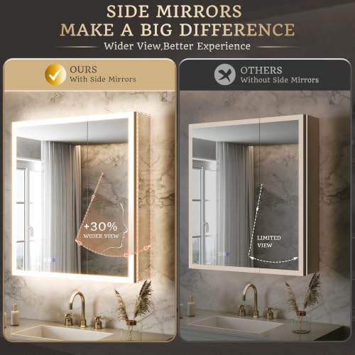 30x32 Lighted Medicine Cabinet, Separate Front & Back Lights | Surface/Recessed LED Medicine Cabinet for Bathroom with Side Mirrors, Dimmable Light, Anti-Fog, Memory,Silver Aluminum Frame - size: 30" x 32"