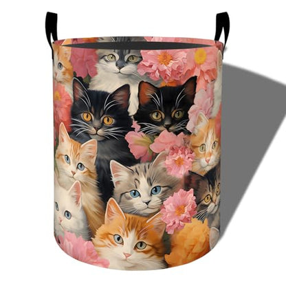 Cute Cat Laundry Basket, Peony Flower Design Foldable Oxford Cloth, Waterproof Dirty Clothes Hamper with Handles, Clothing Storage Bucket Toy Organizer for Bathroom Bedroom Dorm, 19.7"x15.7" - style: Cat