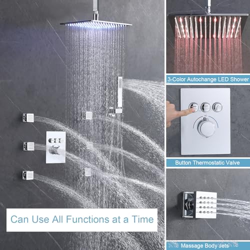 Enga Thermostatic Rain Shower System with Body Jets Push Button Diverter 12 Inch LED Rain Shower Ceiling Mounted Chrome Shower Faucet Set Can Use All Options at A Time - color: Chrome, style: Ceiling Mount-6 Jets