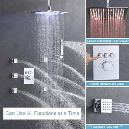 Enga Thermostatic Rain Shower System with Body Jets Push Button Diverter 12 Inch LED Rain Shower Ceiling Mounted Chrome Shower Faucet Set Can Use All Options at A Time - color: Chrome, style: Ceiling Mount-6 Jets