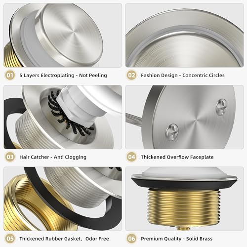Tip-Toe Bathtub Drain Kit with Hair Catcher, Brushed Nickel | 2-Hole Overflow Faceplate, Solid Brass, 5-Layer Plated, Fits 1.5"/1.75" Drains, For Bathroom Remodel, Matches Fixtures - color: Brushed Nickel