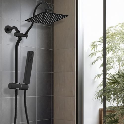 Hibbent 10'' Rainfall Shower Head with 4-mode Handheld Spray, Matte Black | High Pressure Showerhead Combo, 12'' Adjustable Extension Arm, Extension Bar, Easy Reach Holder, 71'' Hose - color: Matte Black, style: Square 10''