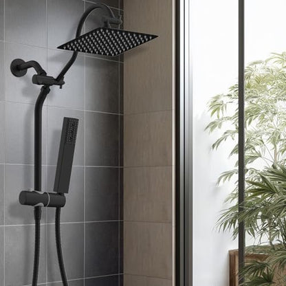 Hibbent 10'' Rainfall Shower Head with 4-mode Handheld Spray, Matte Black | cUPC Certified High Pressure Showerhead Combo, 12'' Adjustable Extension Arm, Extension Bar, Easy Reach Holder, 71'' Hose - color: Matte Black, style: Square 10''