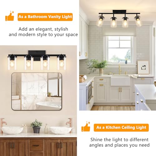 FadimiKoo 4-Lights Track Lighting Fixtures Ceiling with Clear Glass Shades, Modern Black Semi Flush Mount Ceiling Light, Rotatable Wall Mount Ceiling Lamp for Kitchen Hallway Bedroom - color: Black, size: 4-Lights
