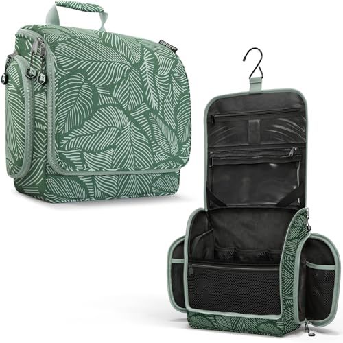 VENTURE 4TH Hanging Travel Toiletry Bag, 17 Compartments - Green Leaves | Hangs on rails, hooks or doors; stands upright too. Removable TSA pouch. Water-resistant 900D Nylon, reinforced stitching. - color: Green Leaves