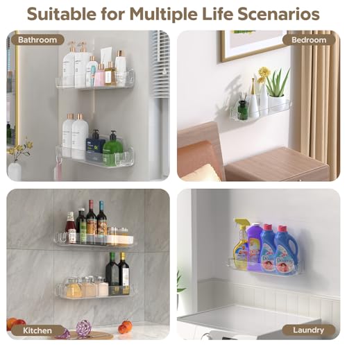 2 Pack Acrylic Shower Caddy Adhesive, No Drilling Bathroom Shower Organizers, with 4 Removable Hooks, Wall Mounted Shower Shelves, Acrylic Shower Holder Storage for Bathroom, Dorm, Kitchen
