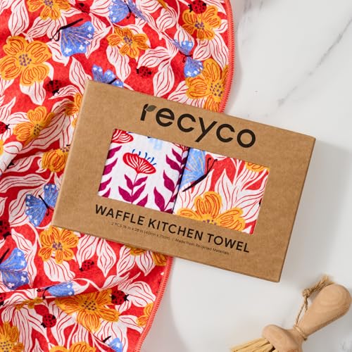 RECYCO Waffle Kitchen Towel Set of 2 - Quick Dry Microfiber Sustainable Dish Towels - Absorbent Reusable Cleaning Tea Towels - Lightweight Hand Towels,16”x 28”, Blossom Brilliance Pink - color: Blossom Brilliance Pink