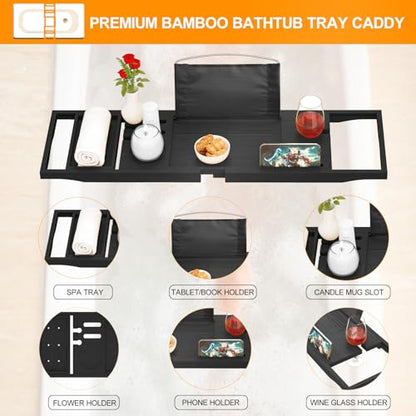 Premium Bathtub Tray Caddy - Bath Tray Expandable - Bath Tub Tray Table for Bathtub, Bamboo Wooden, Fits Most Bath Tubs - color: Premium Black