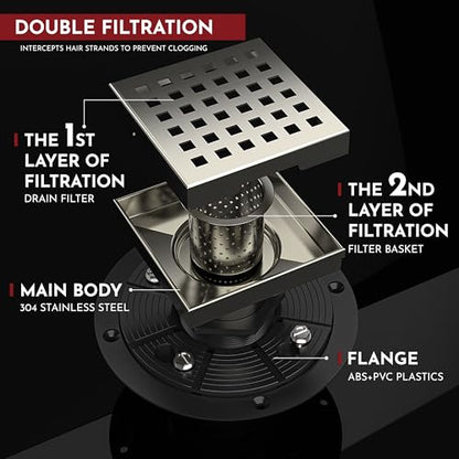 4 Inch Square Shower Drain Nickel Floor Drain with Flange Square Holes Pattern Cover Grate Removable SUS304 Stainless Steel Watermark&CUPC Certified Brushed Nickel - color: Brushed Nickel, size: 4 Inch