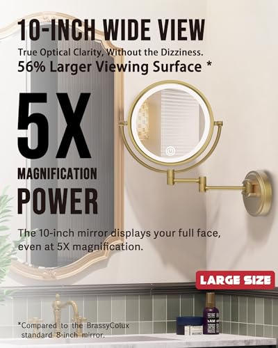 10" Lighted Wall Mounted Makeup Mirror Swing Arm with 5X Magnification | Rechargeable, 3-Color Touch Sensor Dimmable, Double-Sided Bathroom Makeup Magnifying Vanity Extendable, Brushed Antique Brass - color: Brushed Antique Brass
