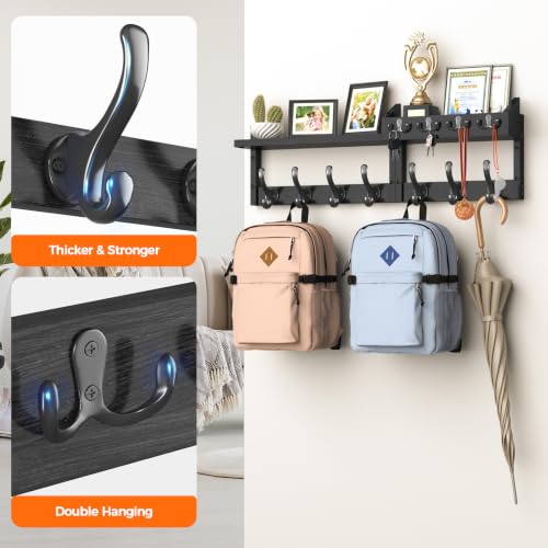 Evermagin 29" Coat Rack Wall Mount with Shelf & 11 Hooks, Entryway, Black | Wooden Wall Mounted Coat and Key Rack with Hooks, Key Hanger with Mail Holder for Living Room, Mudroom, Bedroom - color: Black, size: 29 inch